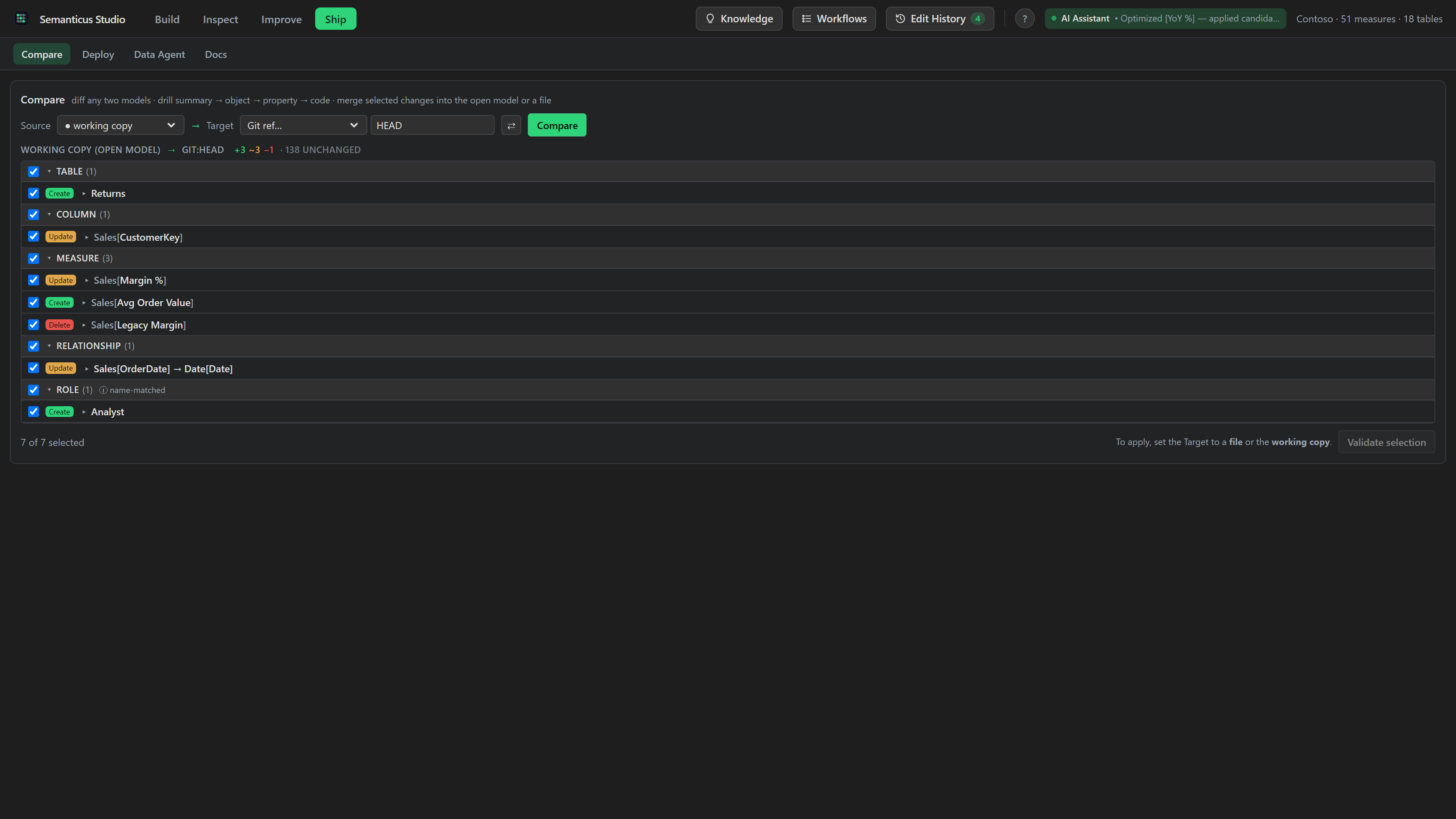 The Compare tab: an object-level diff of two models with drill-down to property and code, and a cherry-pick selection.