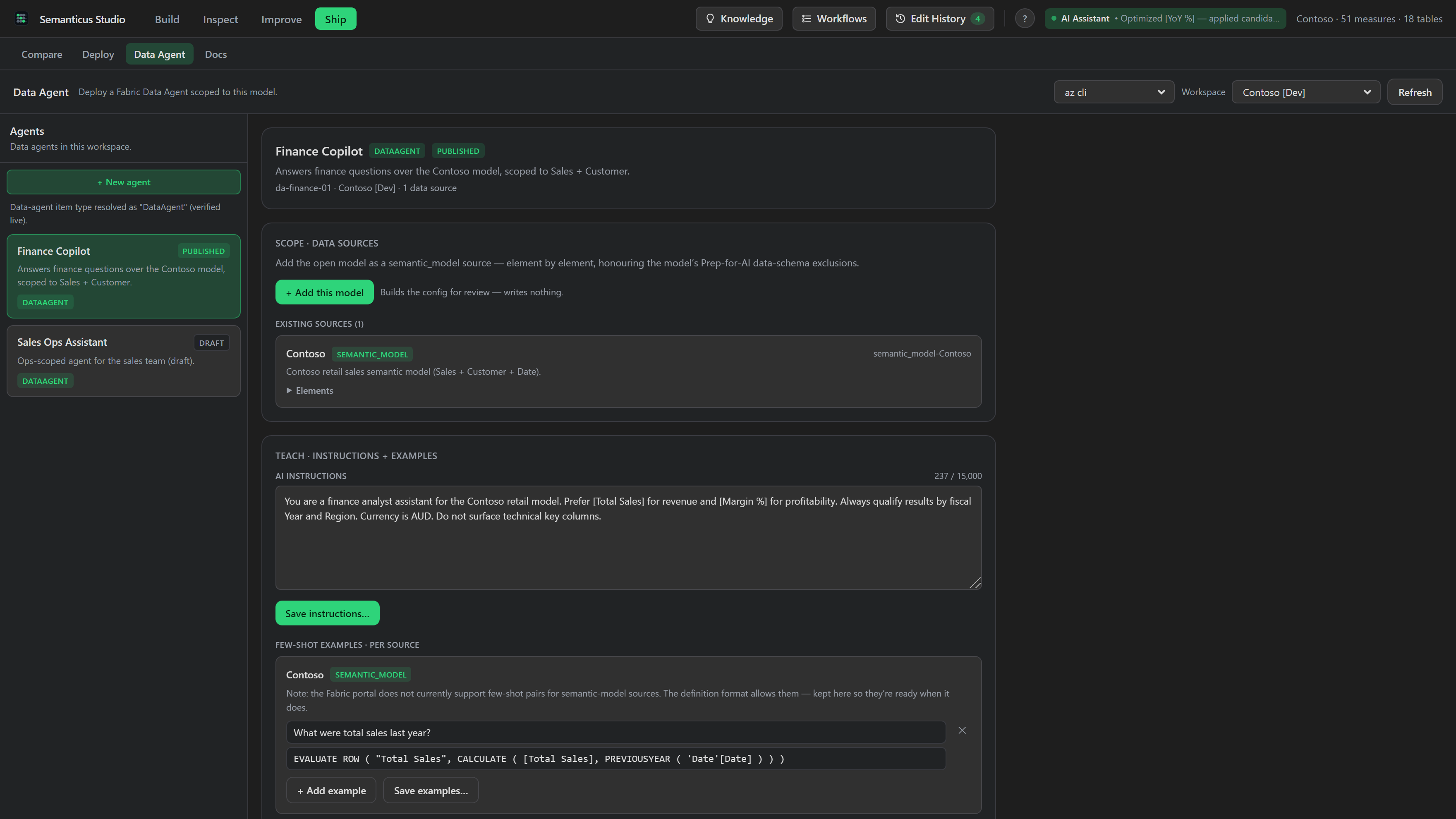 The Data Agent tab in the Semanticus Studio: a workspace's data agents with their draft configuration, AI instructions and data sources.