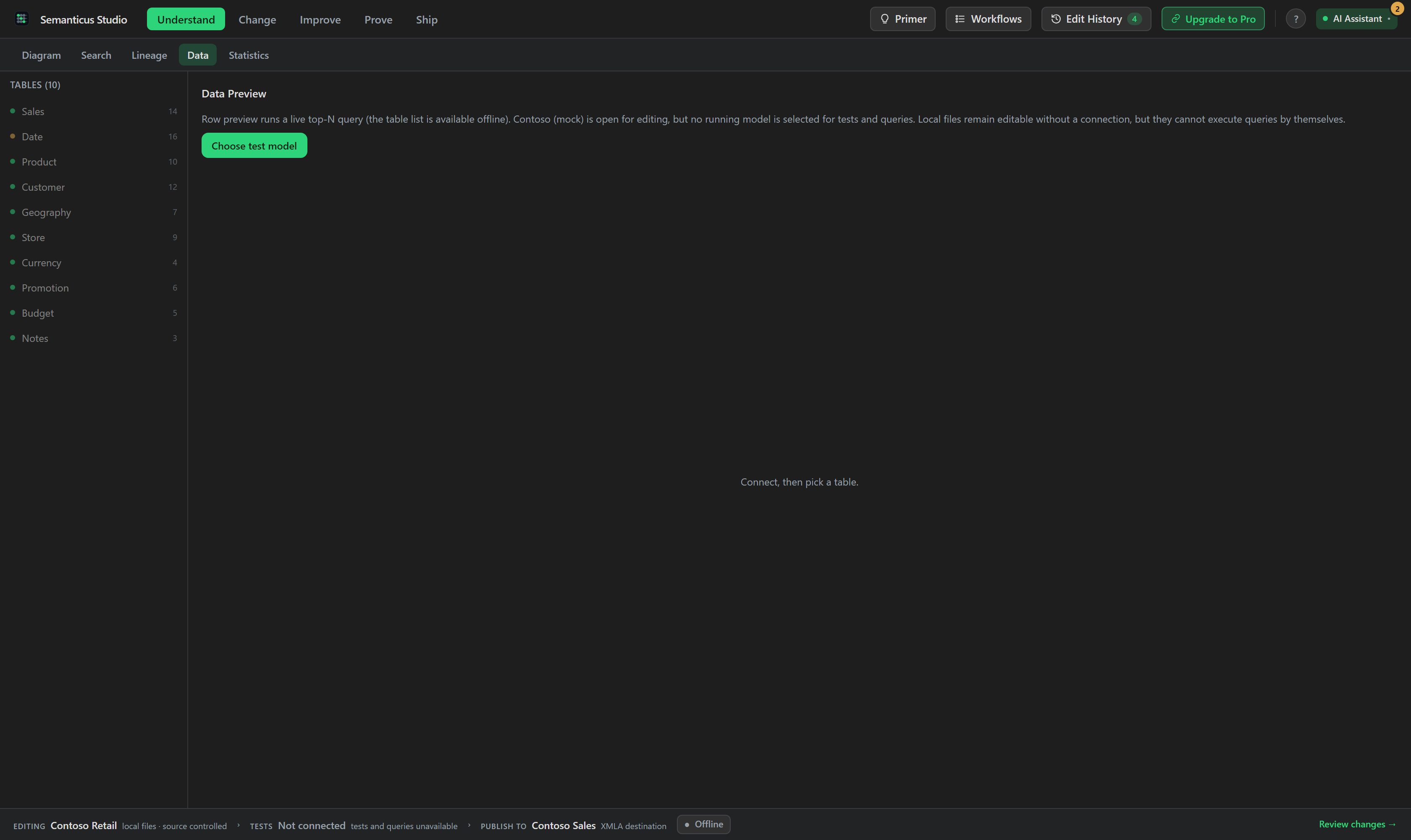 The Data workspace showing a filtered table preview.