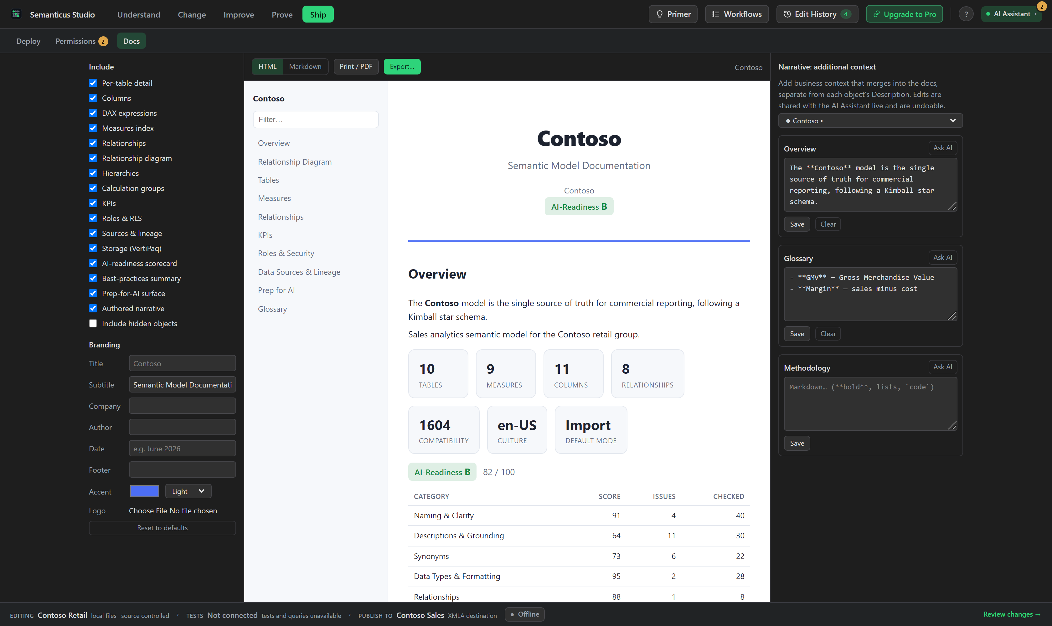 The Docs workspace previewing generated semantic-model documentation.