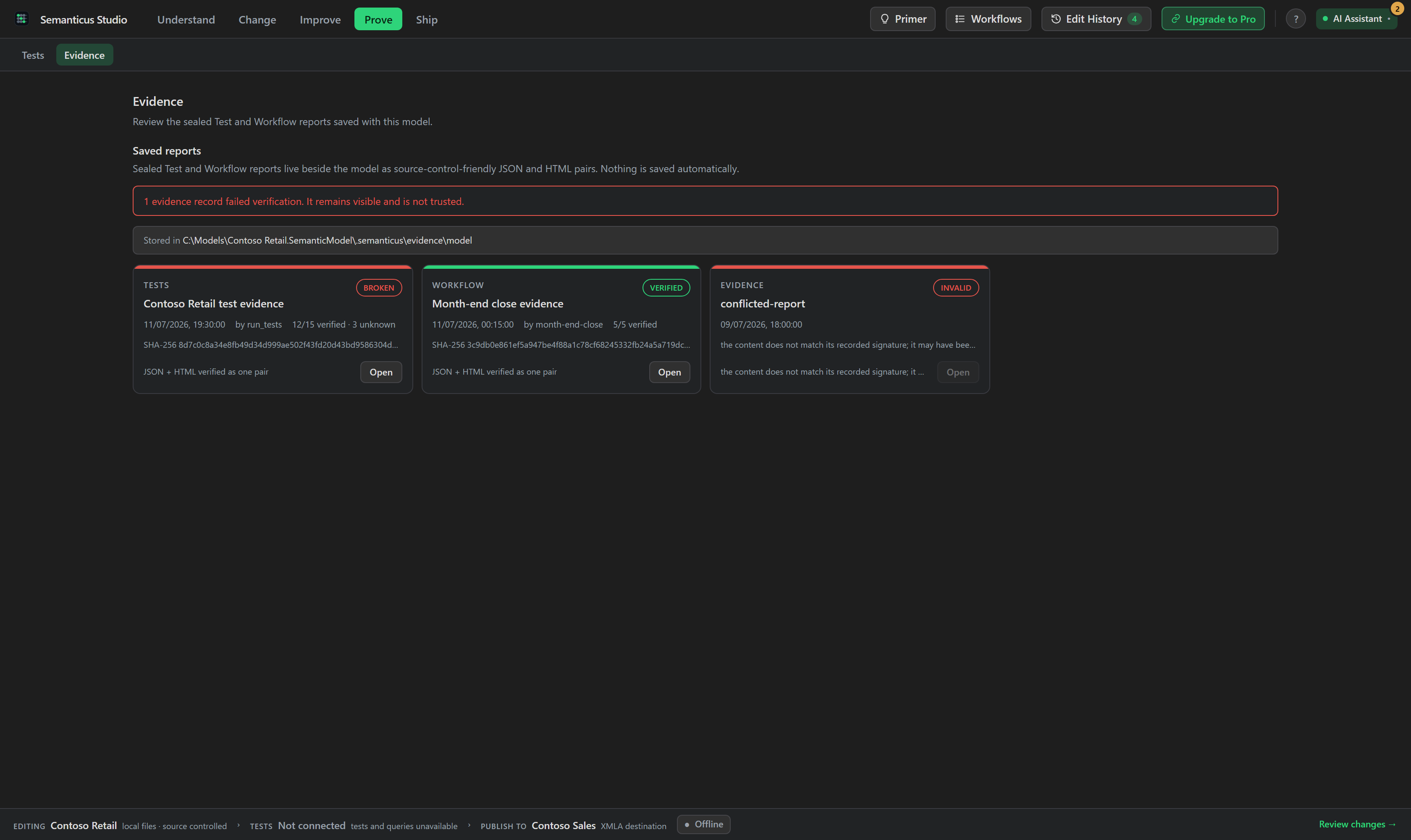 The Evidence workspace listing saved Test and Workflow reports.