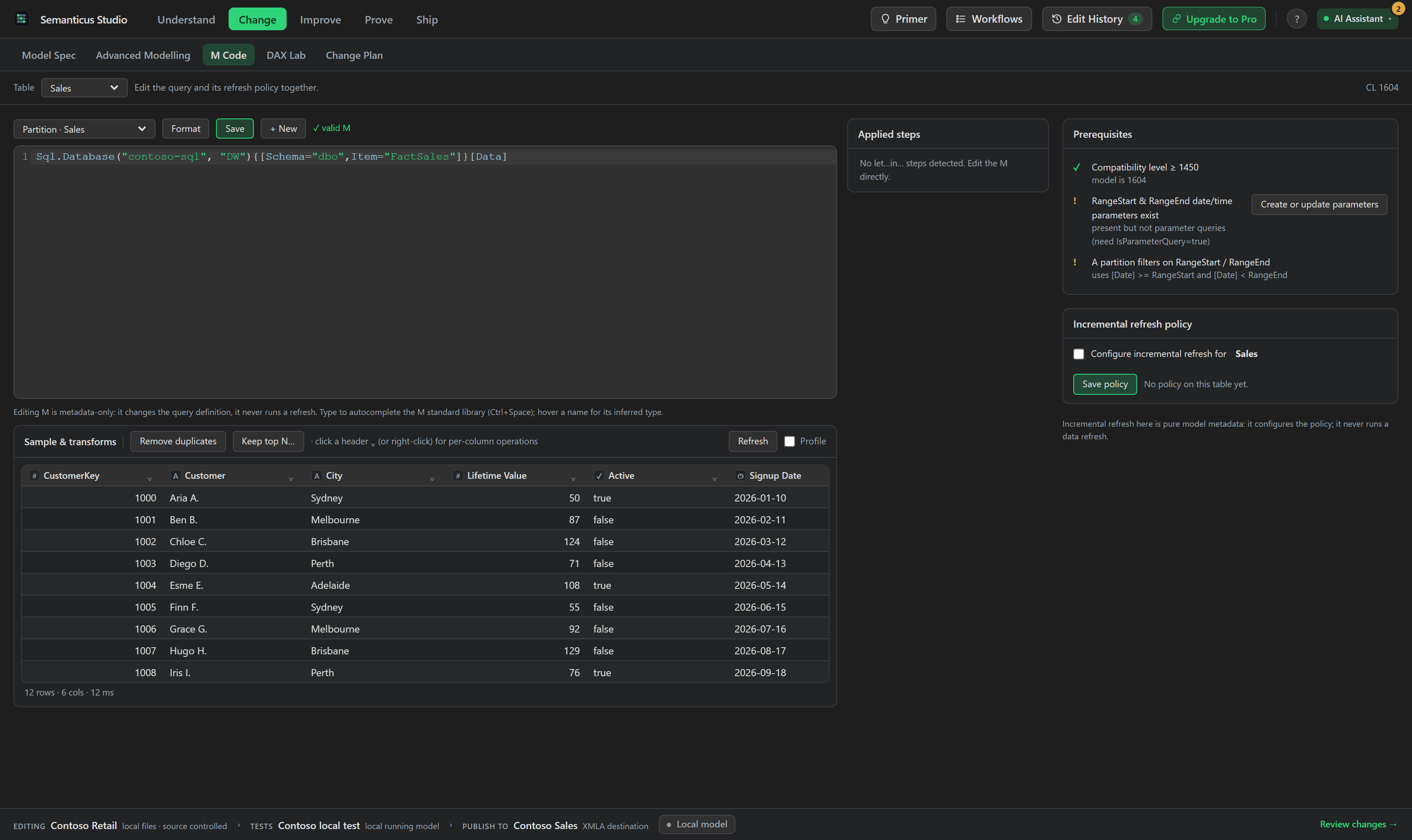 The M Code workspace showing incremental-refresh prerequisites, parameter repair and policy settings.
