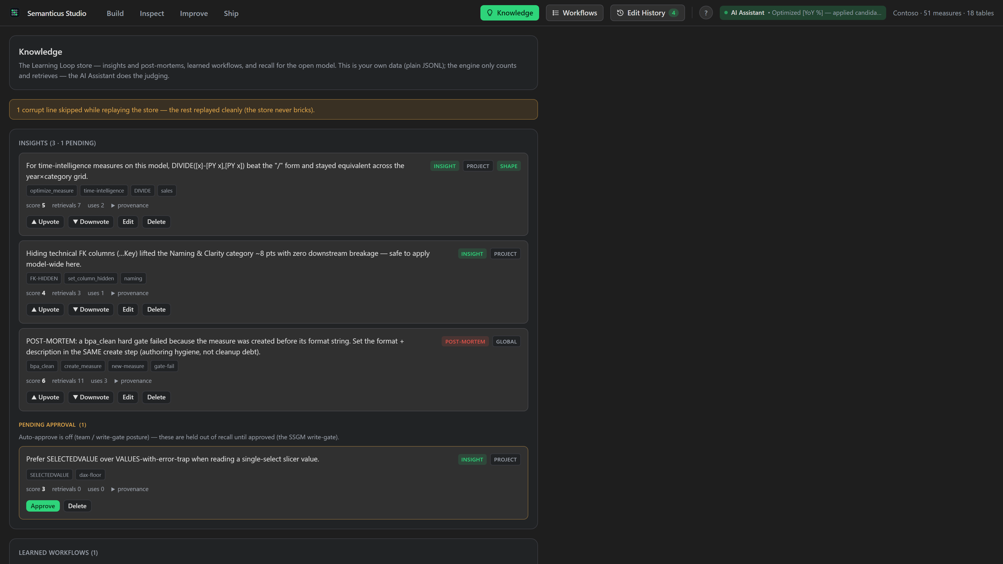 The Knowledge pane in the Semanticus Studio: the insight store with counters and provenance, learned workflows, and a recall preview with the model fingerprint.