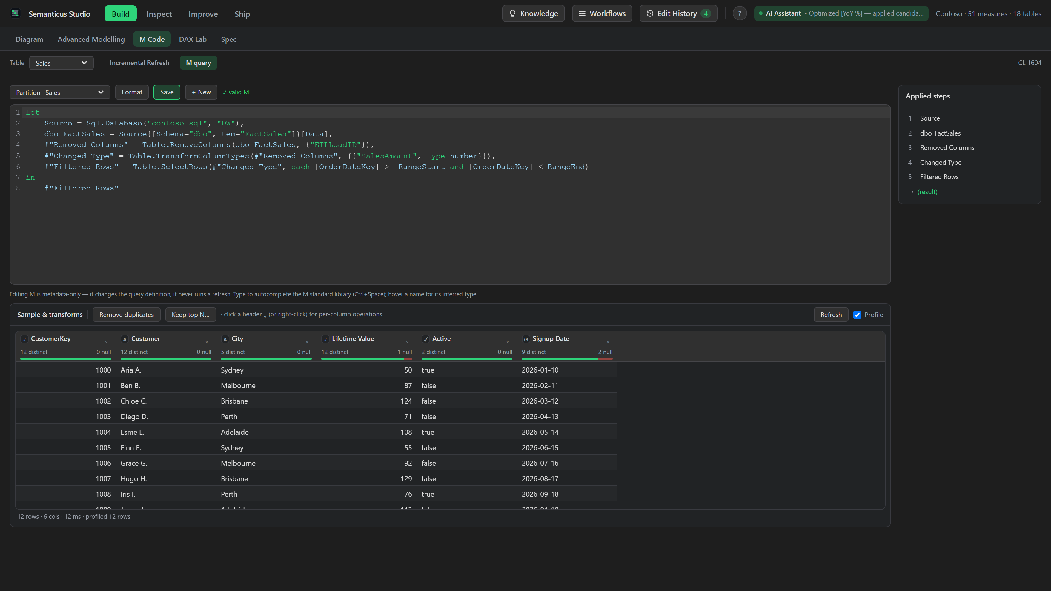 The M Code editor with a query, an Applied Steps outline, and a per-column profiling strip.