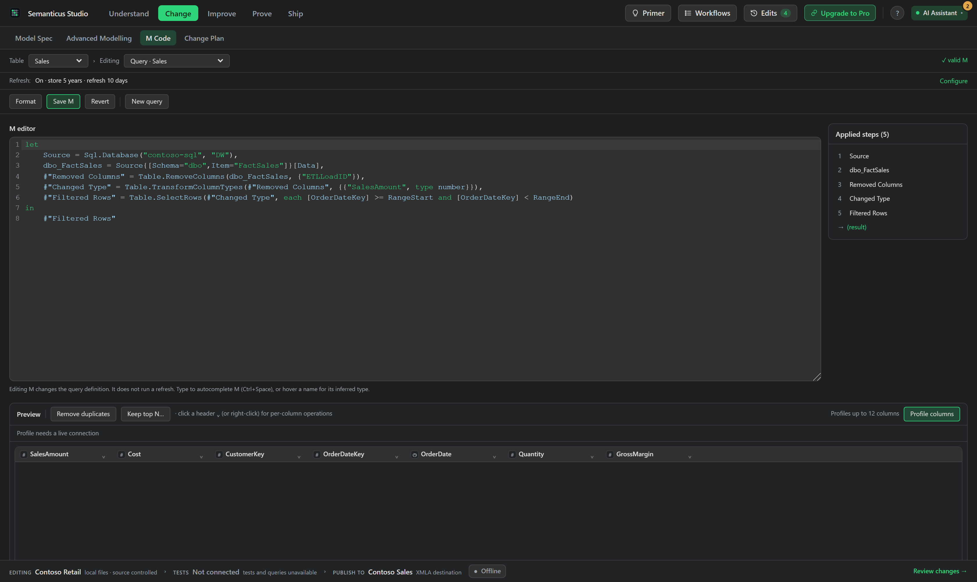 The M Code editor with a query, an Applied Steps outline, and a per-column profiling strip.