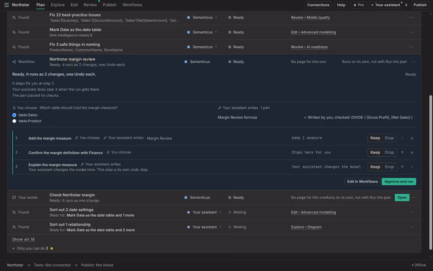 Draft with picked steps, questions, human pause and assistant step