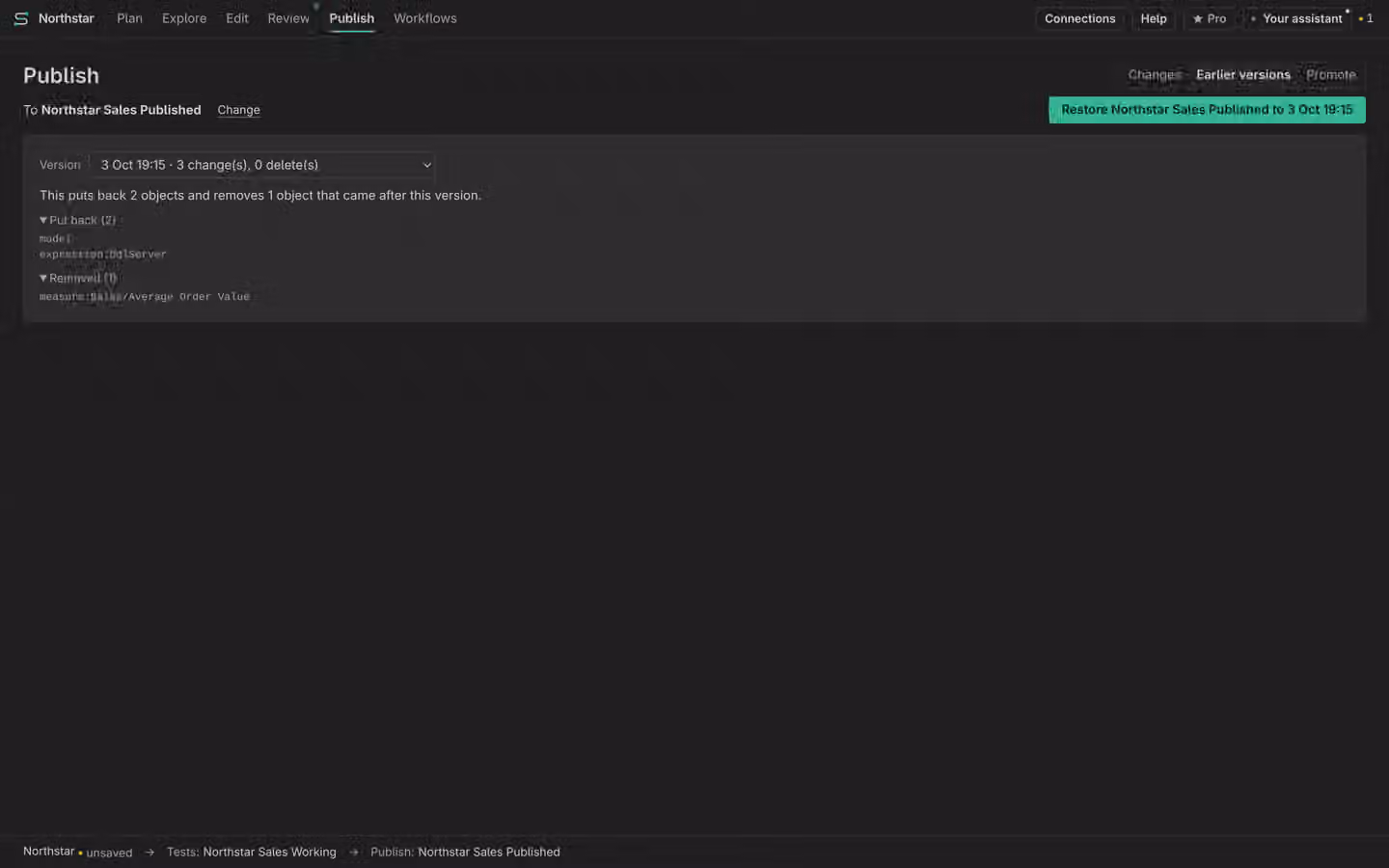 Rollback preview including work added after the version