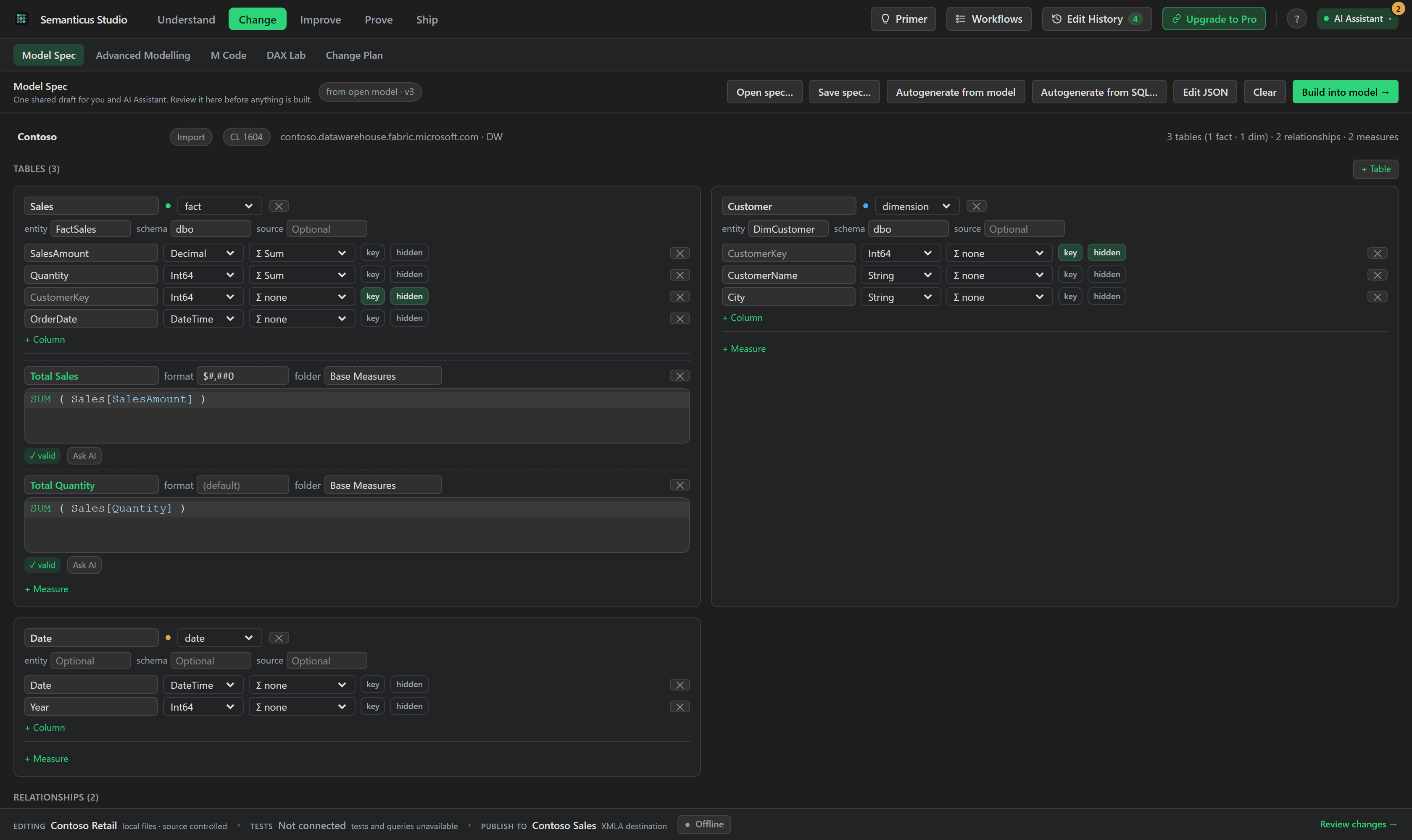 The Model Spec workspace showing tables, relationships and measures in a structured plan.
