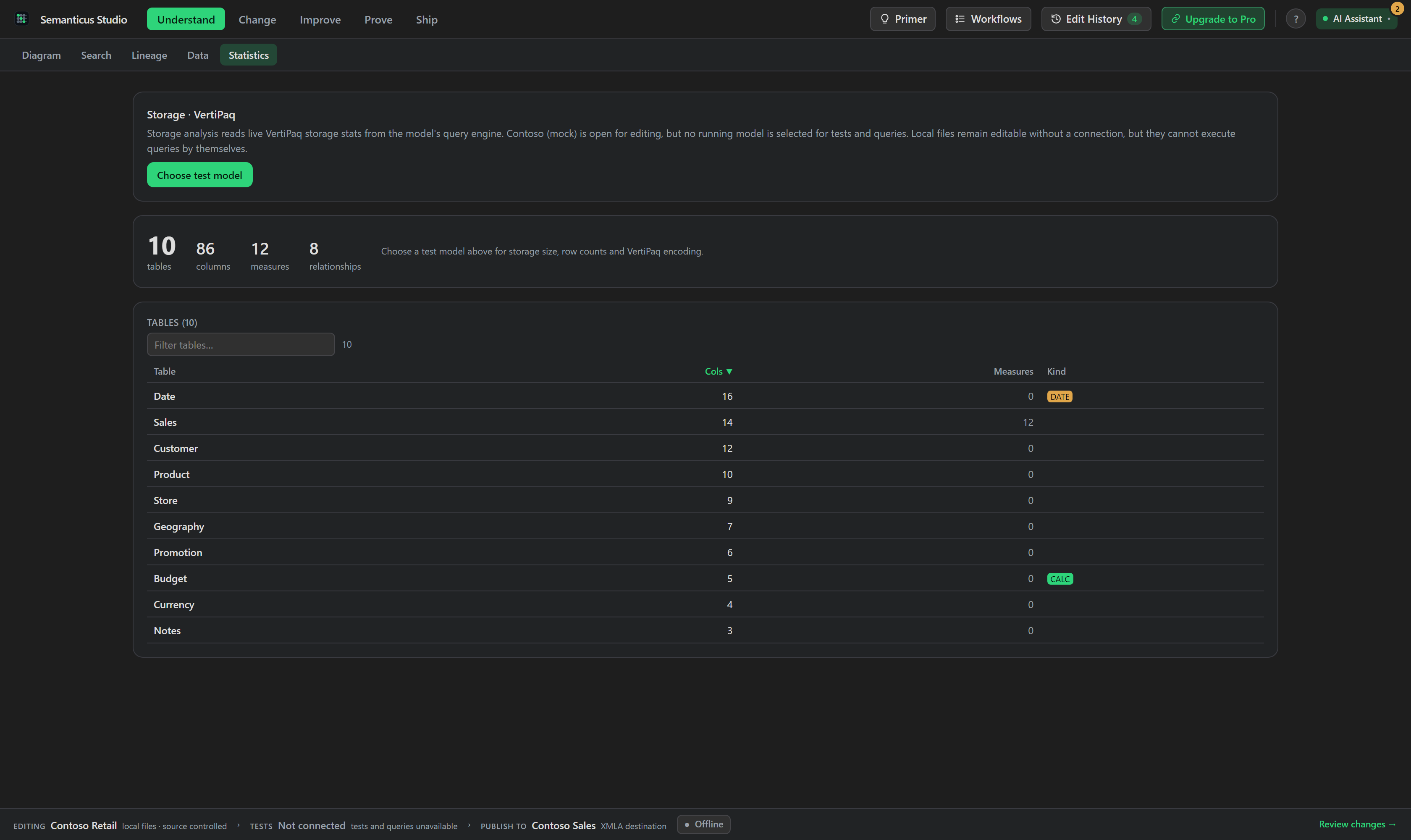 The Statistics workspace showing table and column storage sizes.