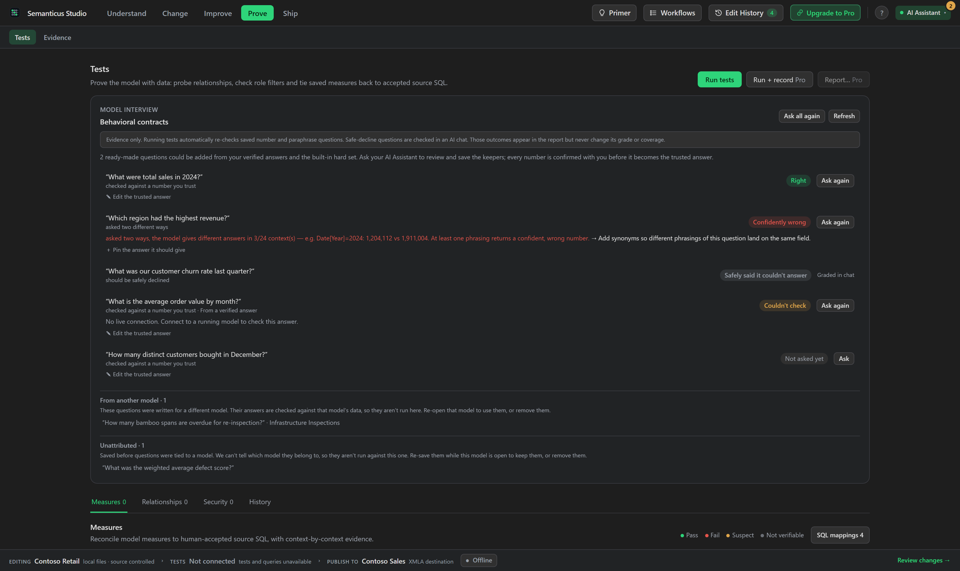 The Tests workspace showing model health and detailed test results.
