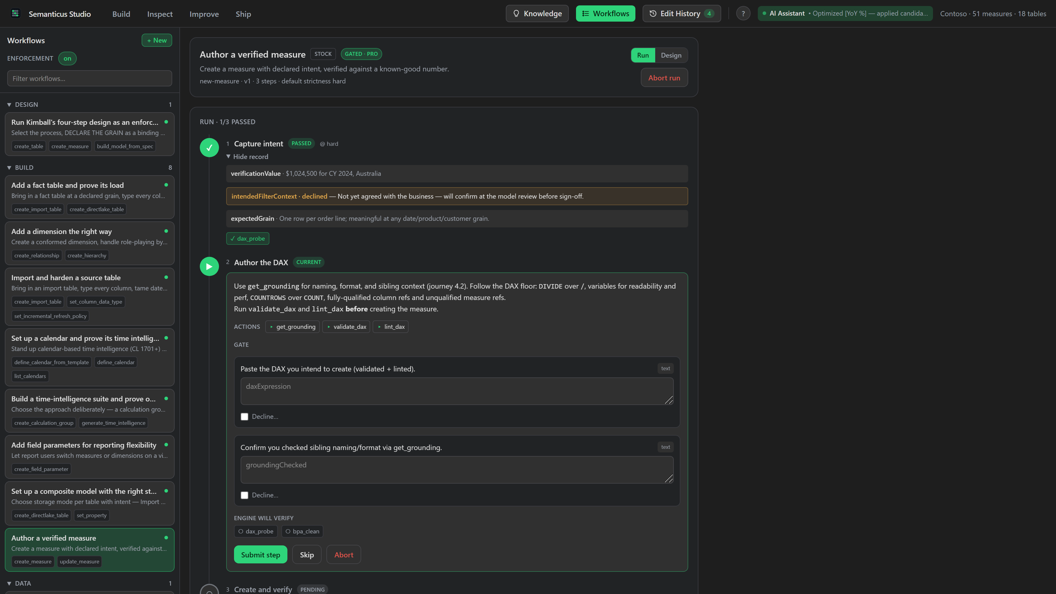 The Workflows tab in the Semanticus Studio: a library of playbooks on the left, the step rail, and a gate panel that records answers and engine-run verify evidence.